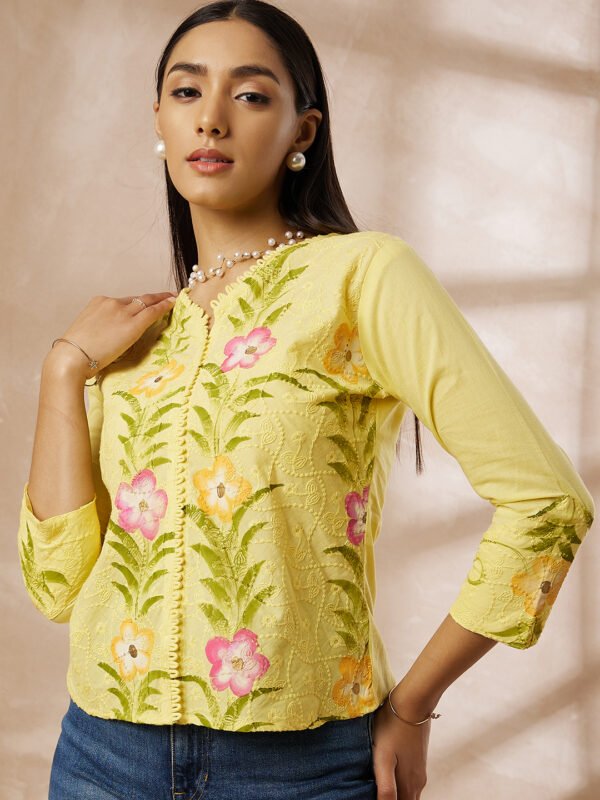 Cotton Schiffli Hand Painted Yellow Top