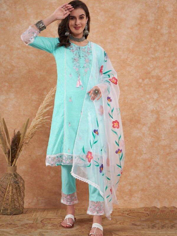 Cotton Schiffli Embroidered Straight Kurta Pant and Dupatta
