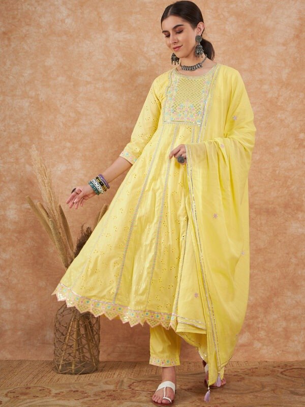 Schiffli Thread Work and Sequined Anarkali Pure Cotton Kurta,Pant and Dupatta