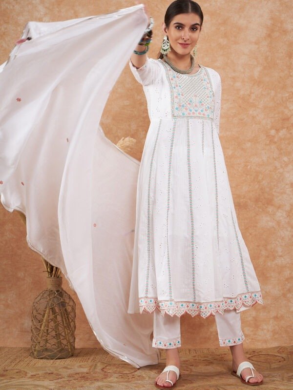 Schiffli Thread Work and Sequined Anarkali Pure Cotton Kurta,Pant and Dupatta