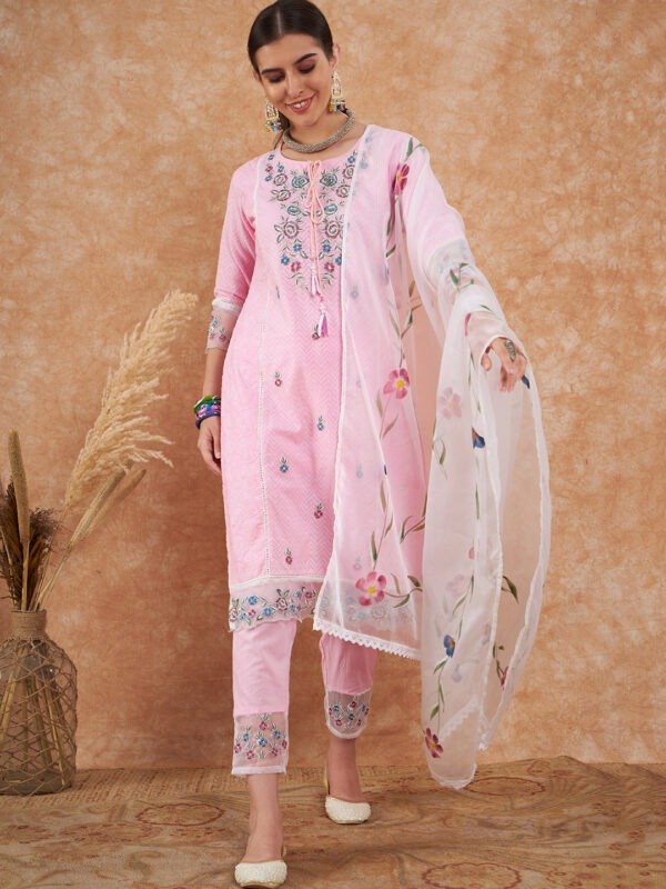 Cotton Schiffli Embroidered Straight Kurta Pant and Dupatta