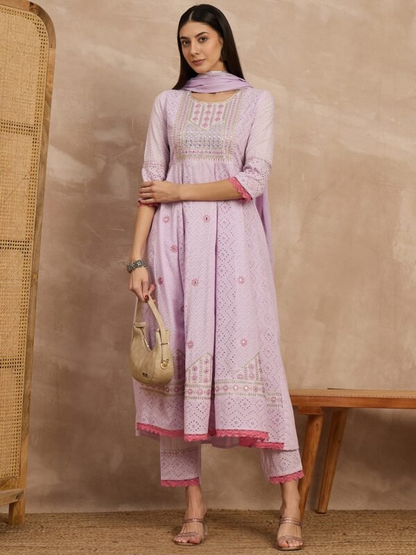 Cotton Schiffli Thread and Mirror Work Kurta,Pant and Dupatta
