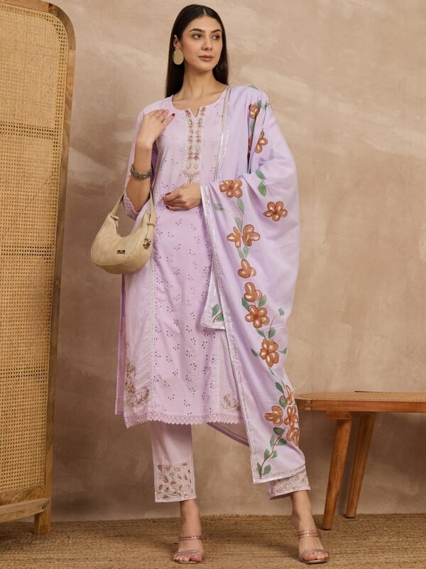 Cotton Schiffli Embroidered Kurta Pant and Dupatta