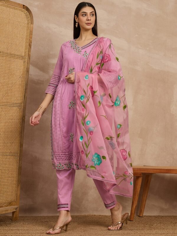 Schiffli V-Neck Mirror Work Kurta Pant and Dupatta