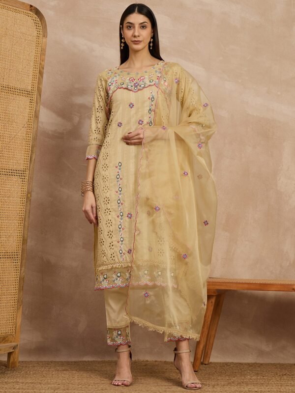 Cotton Schiffli Thread Work Kurta Pant and Dupatta