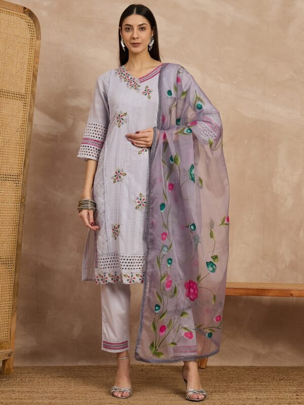 Schiffli V-Neck Mirror Work Kurta Pant and Dupatta