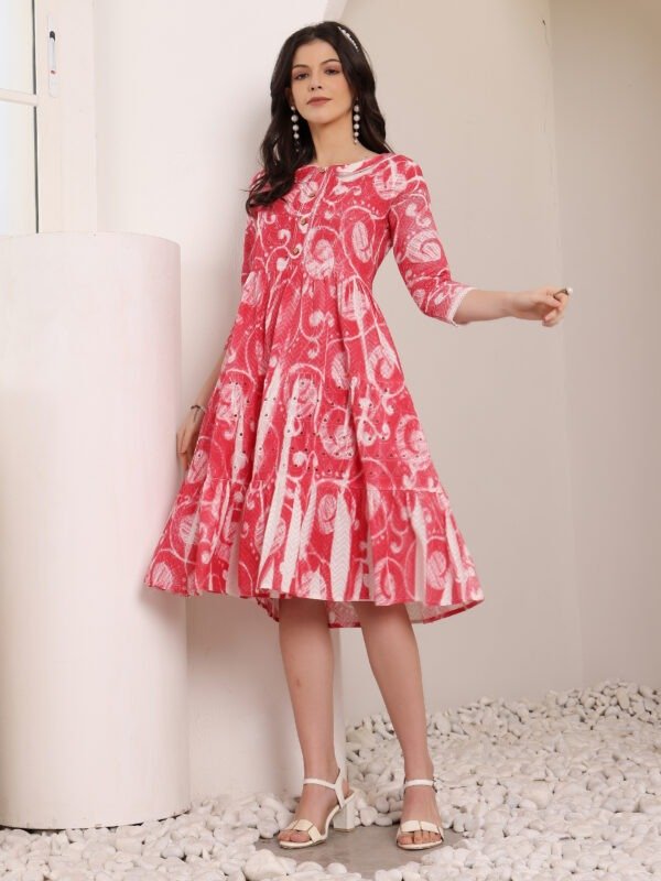 Cotton Schiffli Hand Printed Tiered A-Line Dress