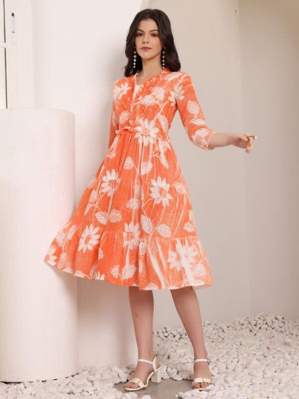 Cotton Schiffli Hand Painted Tiered A-Line Dress