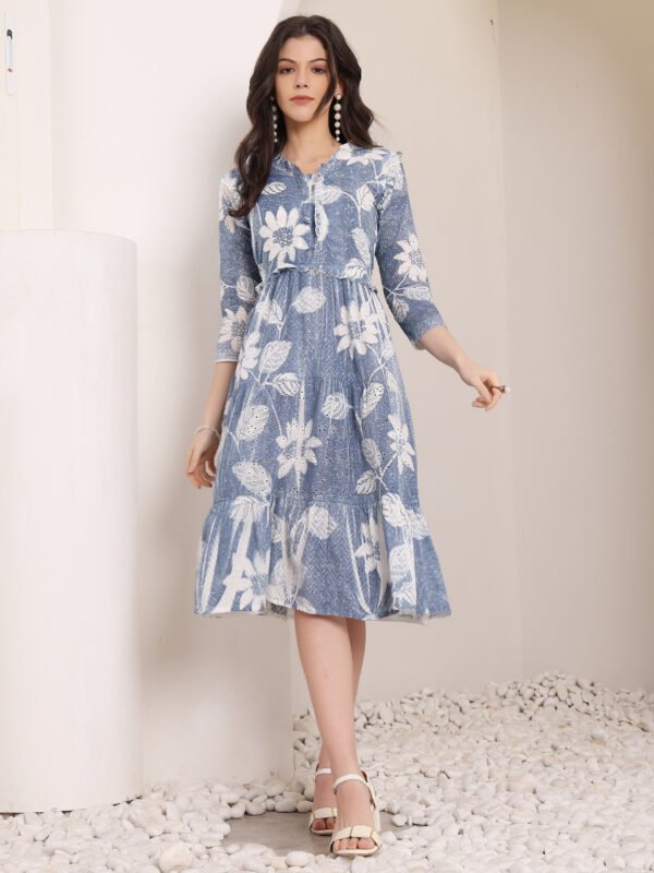 Cotton Schiffli Hand Painted Tiered A-Line Dress