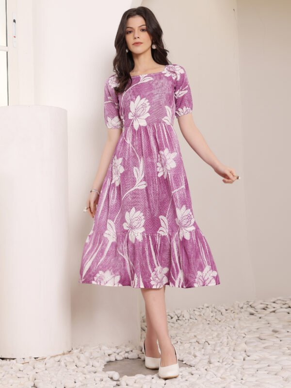 Cotton Schiffli Hand Painted Knee Length Dress