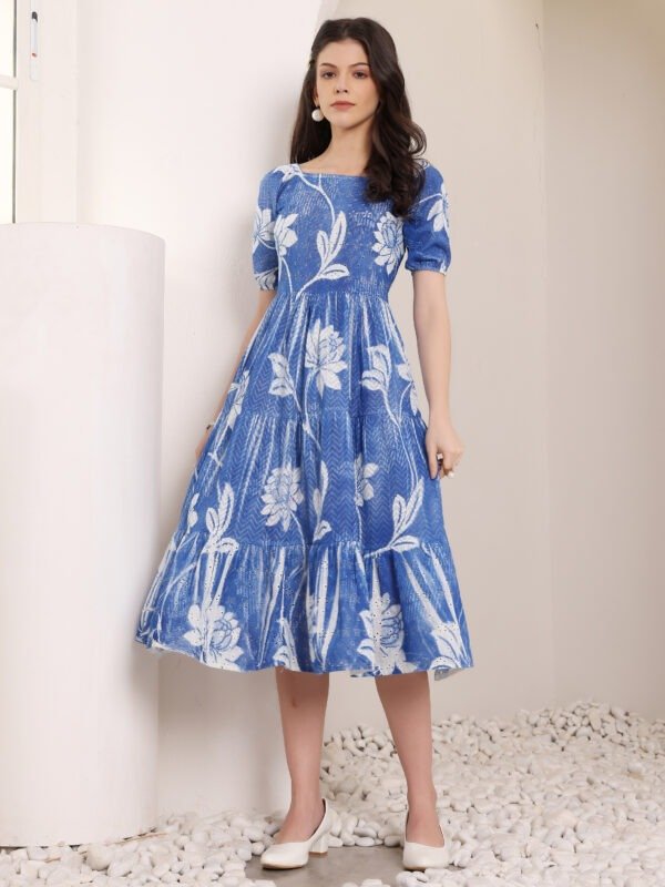 Cotton Schiffli Hand Painted Knee Length Dress