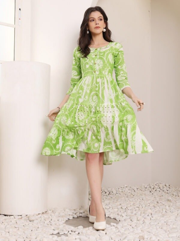 Cotton Schiffli Hand Printed Tiered A-Line Dress