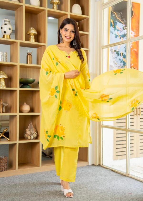 Mulcotton Hand Paninted Straight Kurta Pant and Dupatta