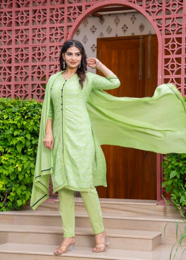 Cotton Schiffili Embroidered Kurta Pants and Dupatta