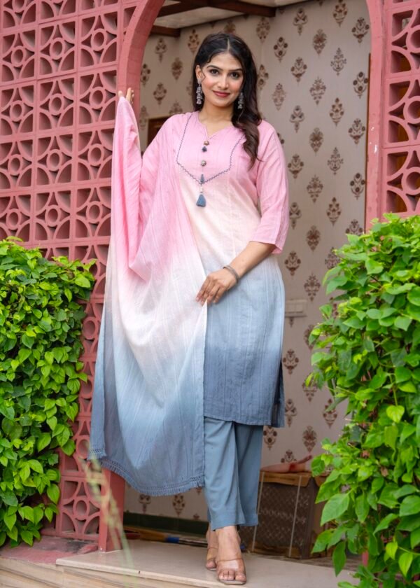 Cotton Dobby Ombre Effect Kurta Pants and Dupatta