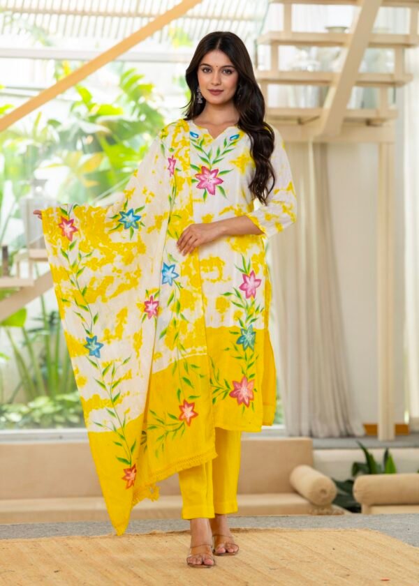 Cotton Dobby Hand Painted Kurta Pants and Dupatta