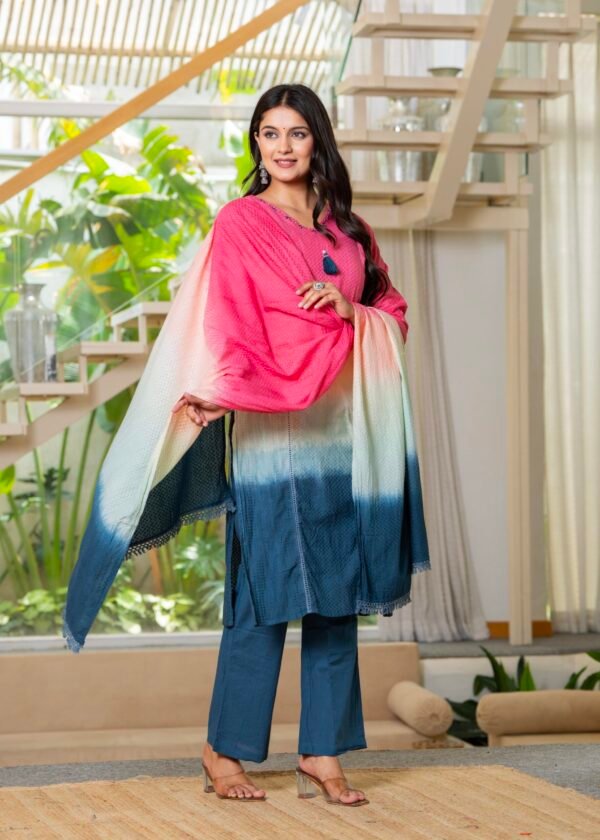 Cotton Lapet Ombre Effect Kurta Pants and Dupatta