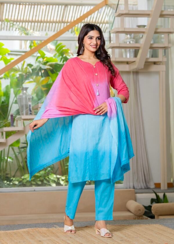 Cotton Lapet Ombre Effect Kurta Pants and Dupatta