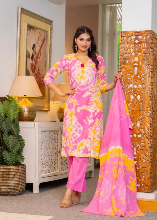 Cotton Dobby Tie and Dye Effect Kurta Pants and Dupatta