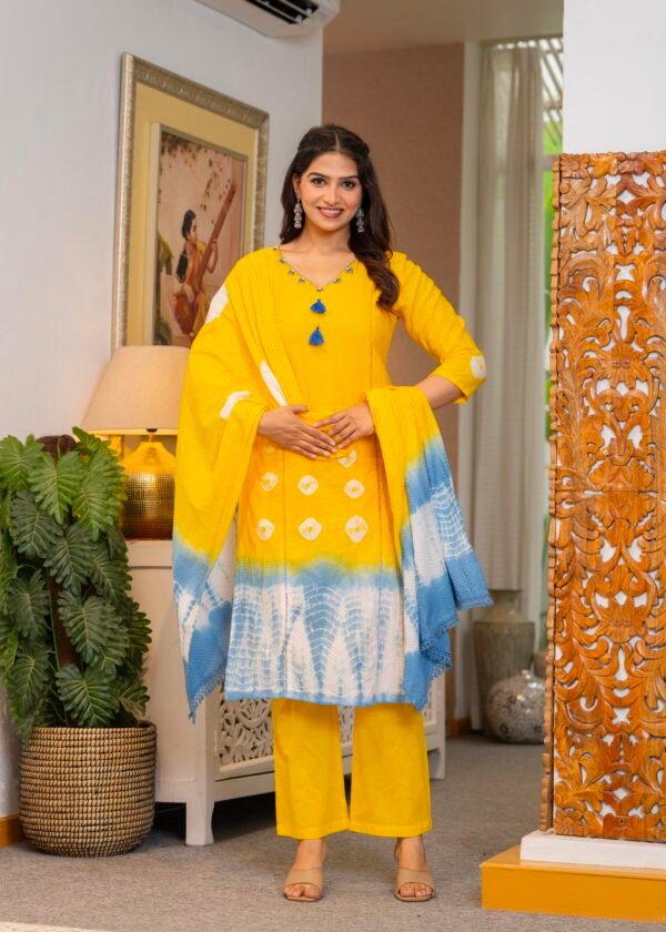 Cotton Dobby Tie and Dye Effect Kurta Pants and Dupatta