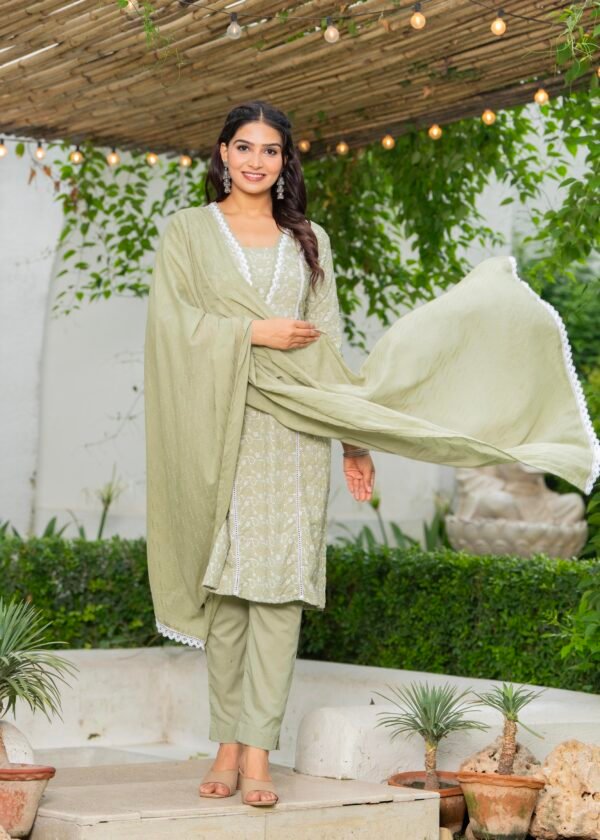 Cotton Schiffili Embroidered Kurta Pants and Dupatta