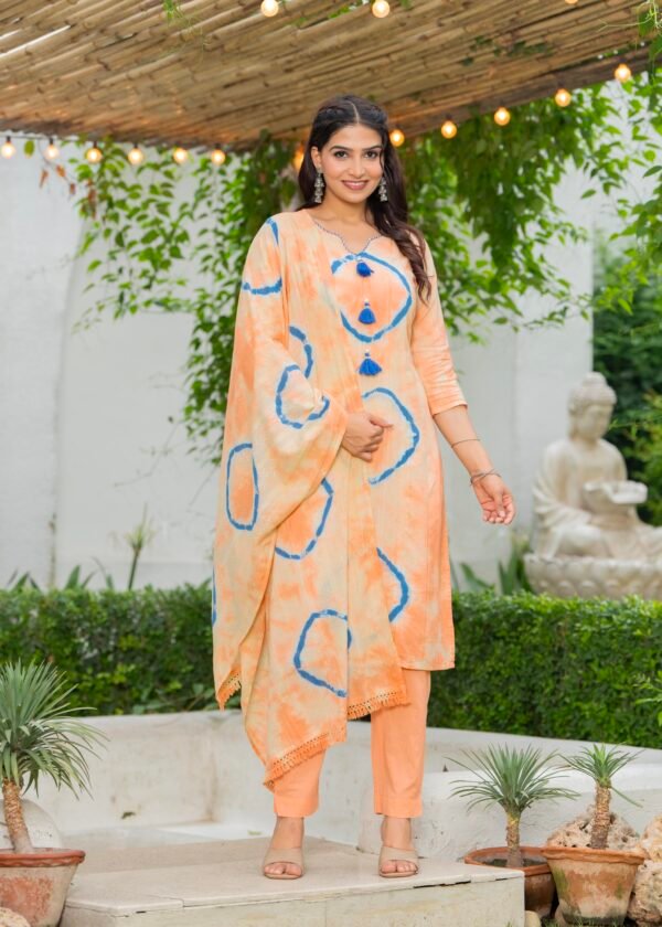 Cotton Dobby Tie and Dye Effect Kurta Pants and Dupatta