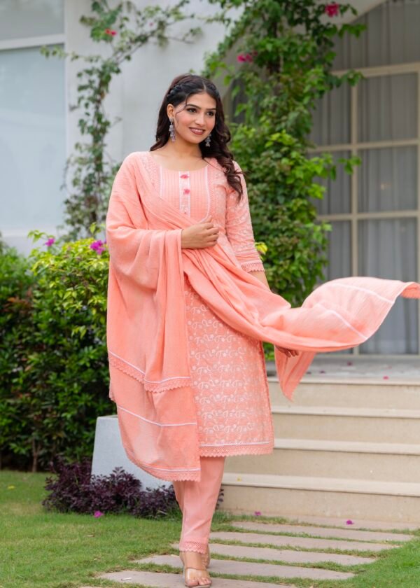 Cotton Schiffili Embroidered Kurta Pants and Dupatta