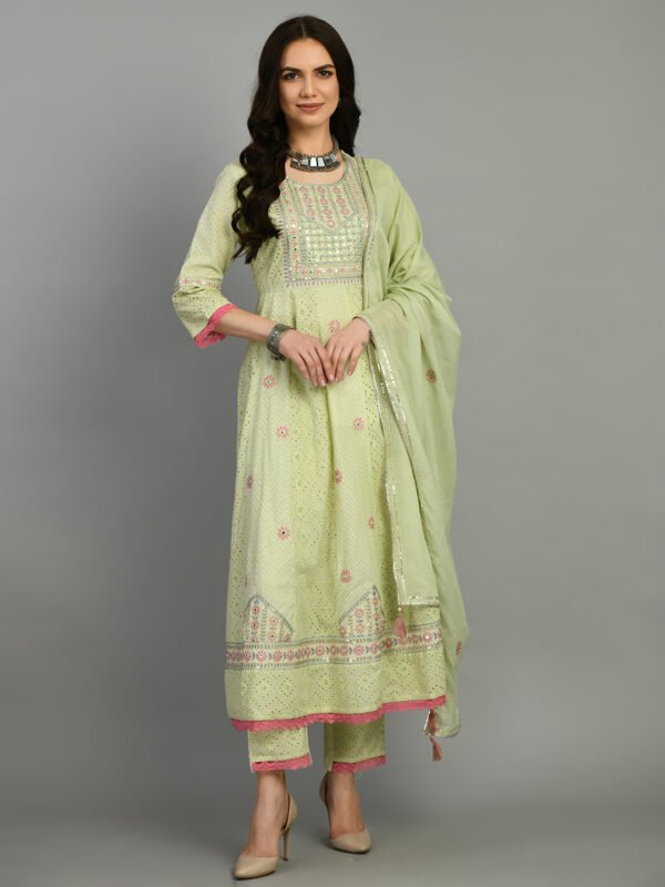 Cotton Schiffli Thread and Mirror Work Kurta,Pant and Dupatta