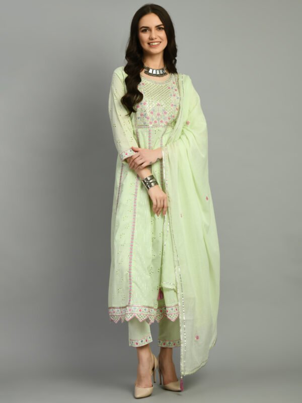 Schiffli Thread Work and Sequined Anarkali Pure Cotton Kurta,Pant and Dupatta